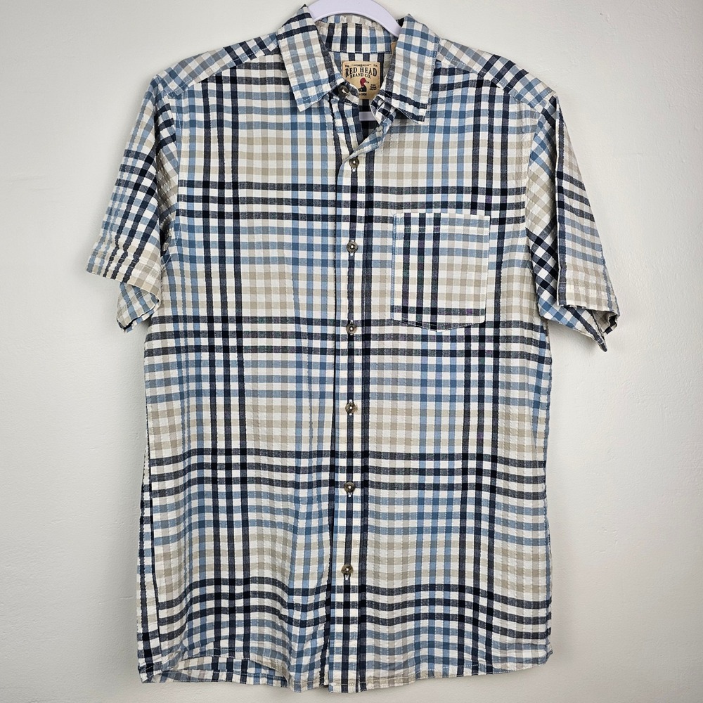 Red Head Brand Co Shirt Mens Medium Blue Tan Plaid Short Sleeve Button Up Cotton